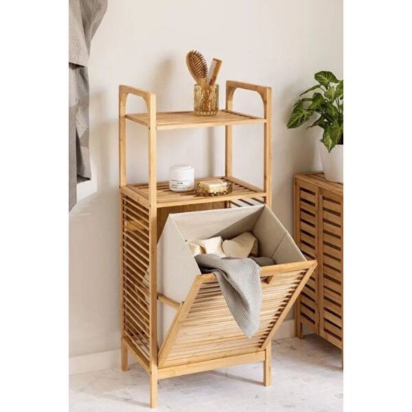 2 Organizer Raflı Ahşap Bambu Çek-Aç Kirli Sepeti