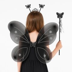 Siyah Kelebek Kız Seti – 50 cm Kelebek Kanadı, Taç ve Asa