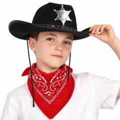 Çocuk Kovboy Şapka Rozetli Siyah ve Kırmızı Bandana Seti