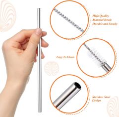 31 cm Ekstra Uzun Paslanmaz Çelik Pipet Seti – 3 Parça (Eğri + Düz + Fırça)