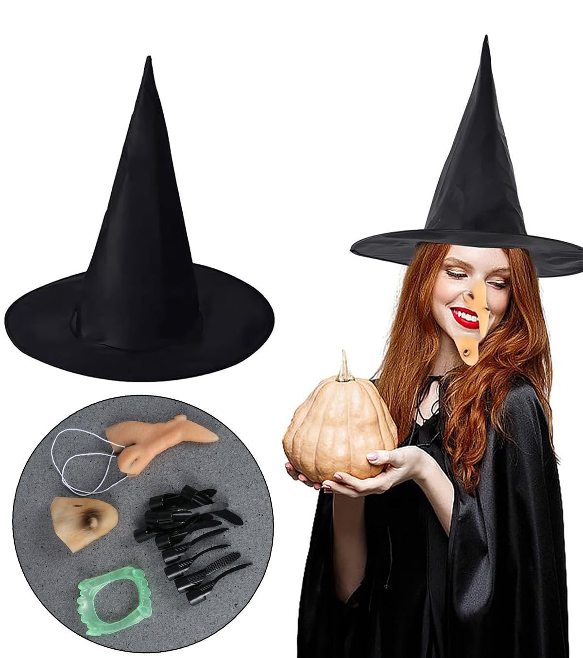 Cadı Kostümü Seti - Şapka, Tırnak, Burun, Çene, Diş