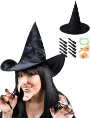 Cadı Kostümü Seti - Şapka, Tırnak, Burun, Çene, Diş