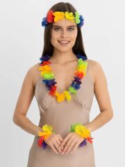 Rengarenk Hawaii Kolye Taç Bileklik Seti - 4 Parça