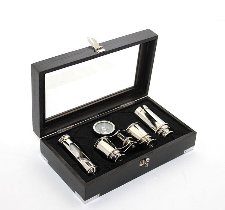 Ahşap Kutulu Pirinç Dürbün Pusula Ve Kum Saati Seti