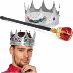 Gümüş Kral Tacı 60 cm ve Kırmızı Topuzlu Kral Asası Seti