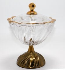Metal Ayaklı Kristal Cam Şekerlik Gold Detaylı Sunumluk