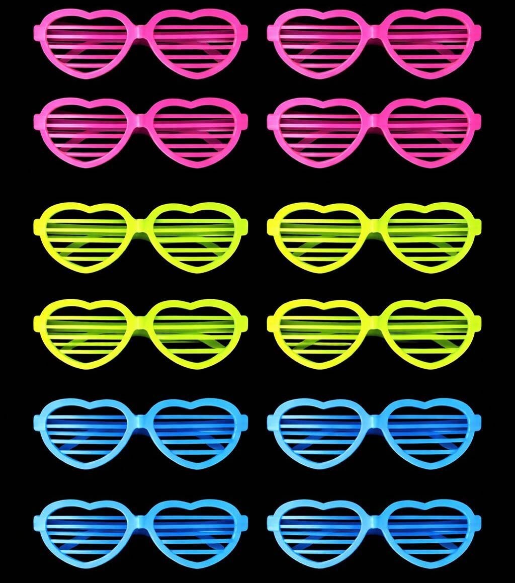 Retro Neon Fosforlu Kalp Panjur Gözlük - 12 Adet