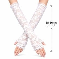 Uzun Zarif Dantel Eldiven Parmaksız Beyaz