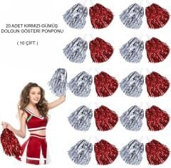 Kırmızı Gümüş Metalik Dolgun Gösteri Ponponu - 20 Adet (10 Çift)