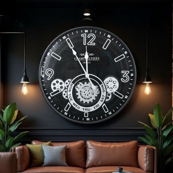 Çarklı Duvar Saati Gümüş Detaylı 59 cm