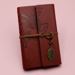 Kahverengi Deri Siyah Yapraklı Defter Ve Beyaz Jel Kalem Seti
