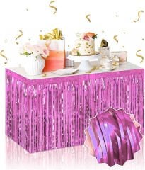 Kendinden Yapışkanlı Pembe Metalize Püsküllü Masa Eteği