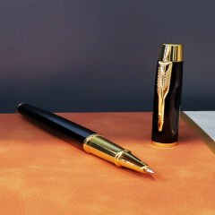 Siyah Gold Detaylı Termo Deri Defter Ve Metal Roller Kalem Hediye Seti