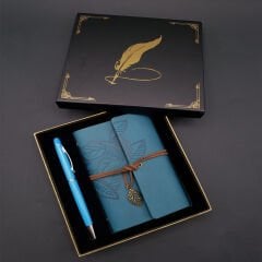 Siyah Kutulu Yaprak Desenli Mavi Deri Defter Ve Kalem Seti